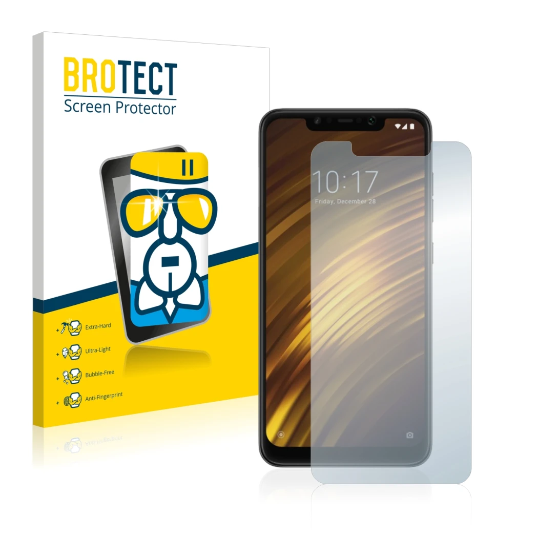 Front side of a product packaging with the brand logo BROTECT. Next to it is the device Xiaomi Pocophone F1 shown with the cor