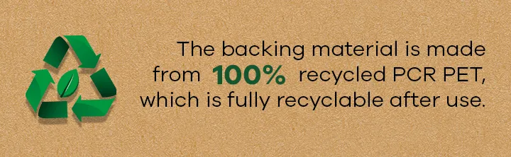 Recycling symbol with leaf and text: carrier material is made of 100% recycled PCR PET and is fully recyclable.