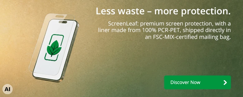 ScreenLeaf: screen protection with 100% PCR-PET carrier material, shipped in an FSC-MIX-certified bag. Discover now.