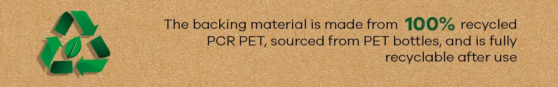 Recycling symbol with leaf and text: carrier material is made of 100% recycled PCR PET and is fully recyclable.