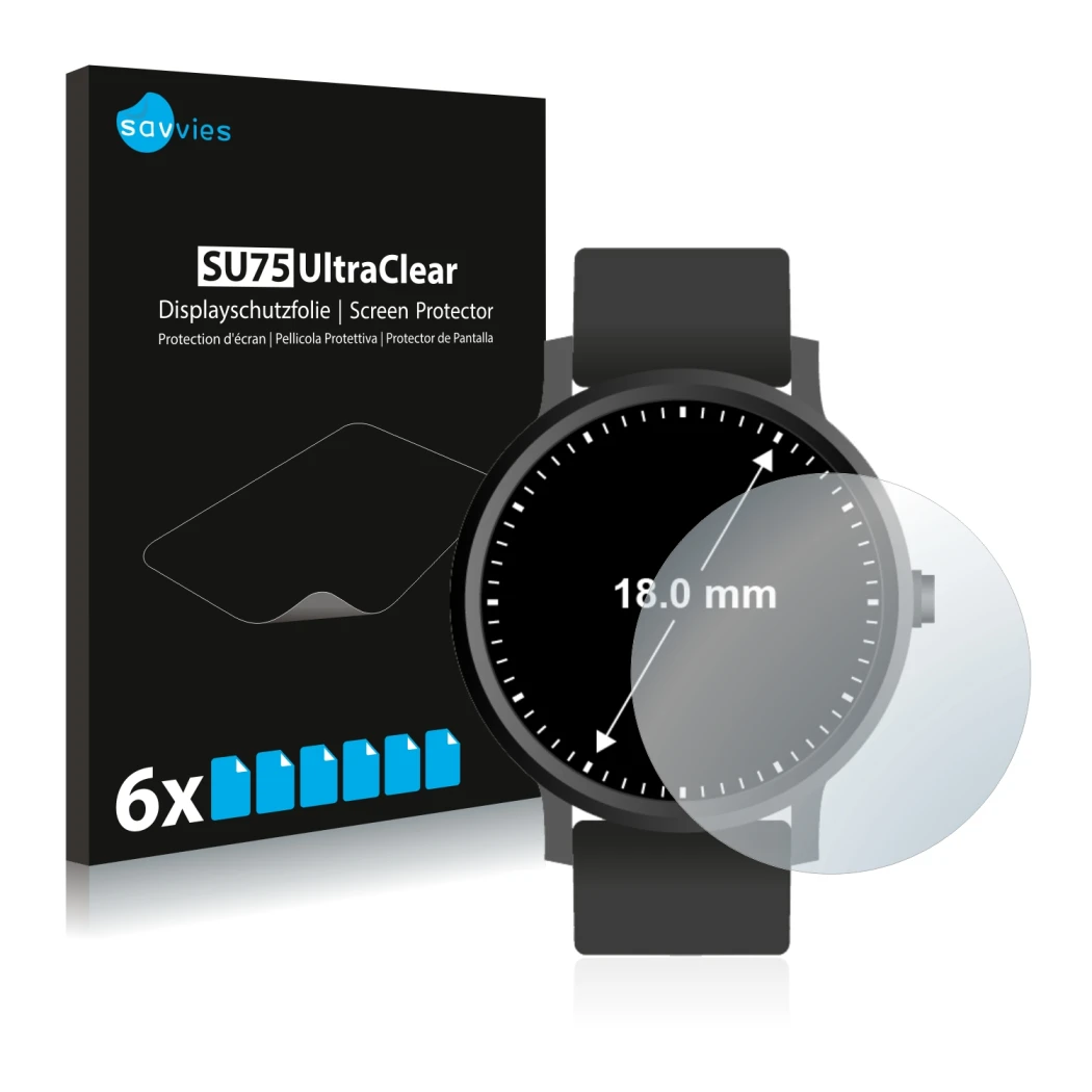 Front side of a product packaging with the brand logo Savvies. Next to it is the device Watches (Circular, ø: 18 mm) shown wit