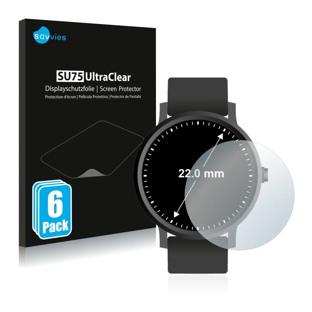 Front side of a product packaging with the brand logo Savvies. Next to it is the device Watches (Circular, ø: 22 mm) shown wit