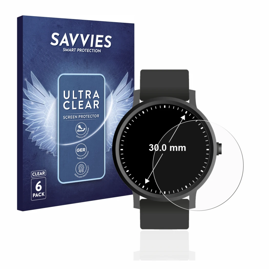 Front side of a product packaging with the brand logo Savvies. Next to it is the device Watches (Circular, ø: 30 mm) shown wit