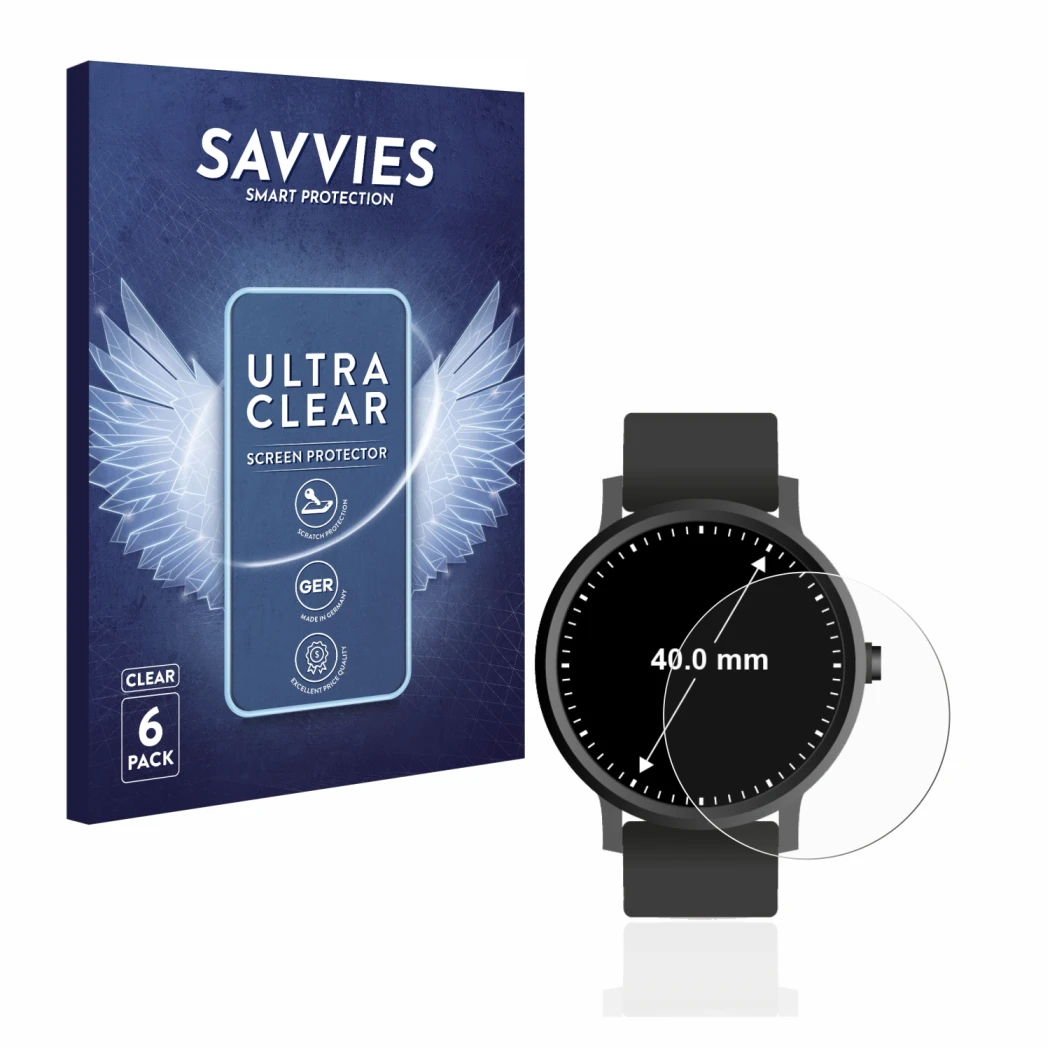 Front side of a product packaging with the brand logo Savvies. Next to it is the device Watches (Circular, ø: 40 mm) shown wit