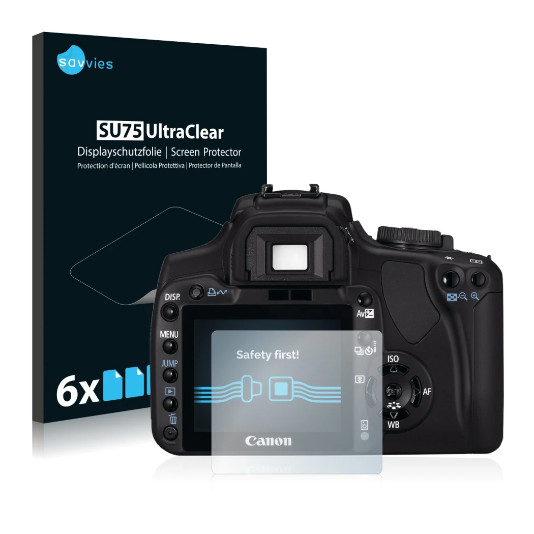 Front side of a product packaging with the brand logo Savvies. Next to it is the device Canon EOS 400D shown with the correspo