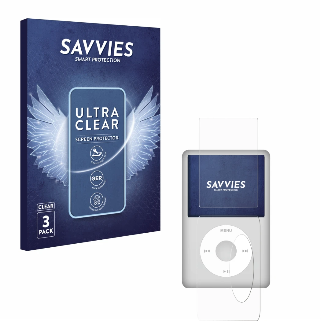 Front side of a product packaging with the brand logo Savvies. Next to it is the device Apple iPod Classic (Front+Back, 5.5 Ge