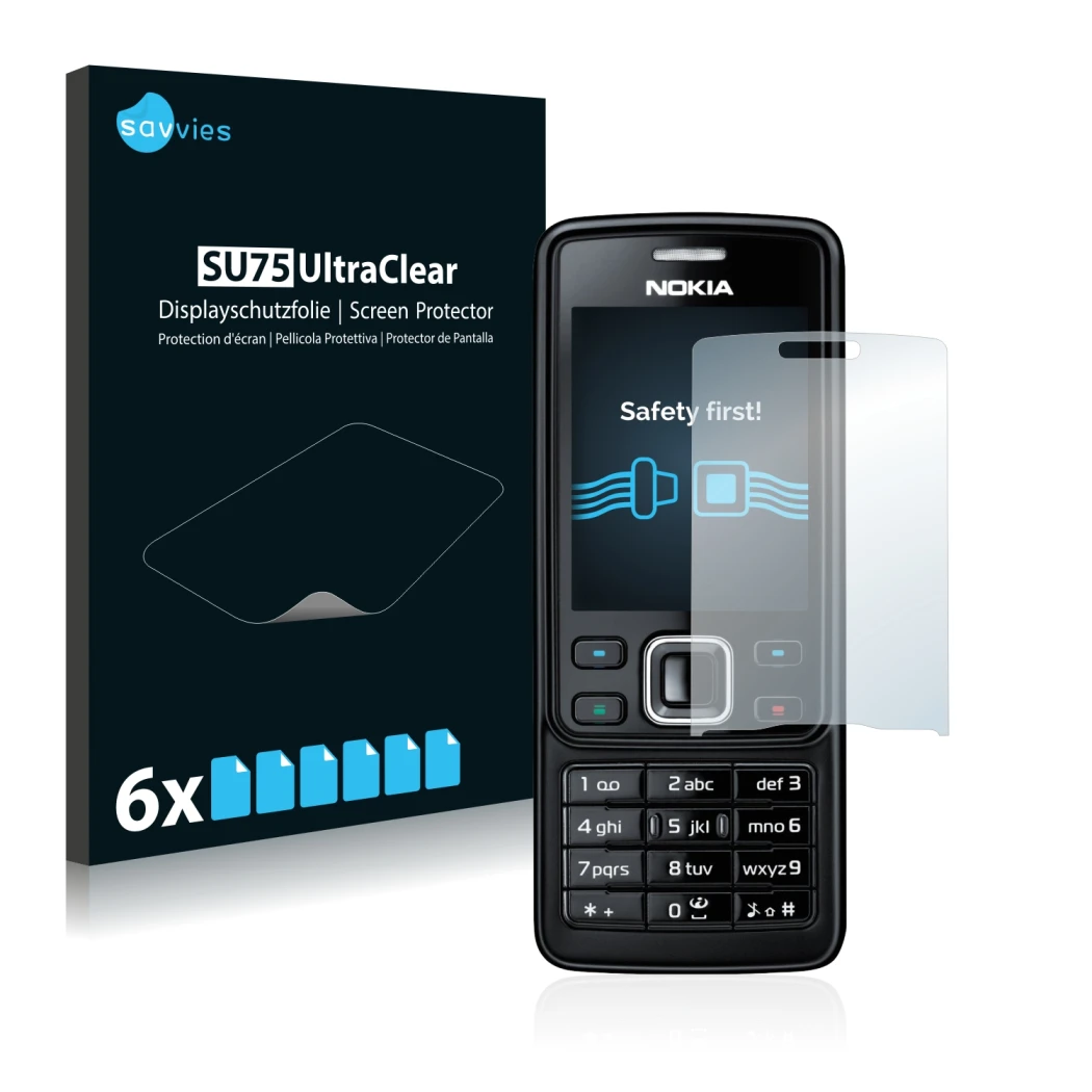 Front side of a product packaging with the brand logo Savvies. Next to it is the device Nokia 6300 2007 shown with the corresp