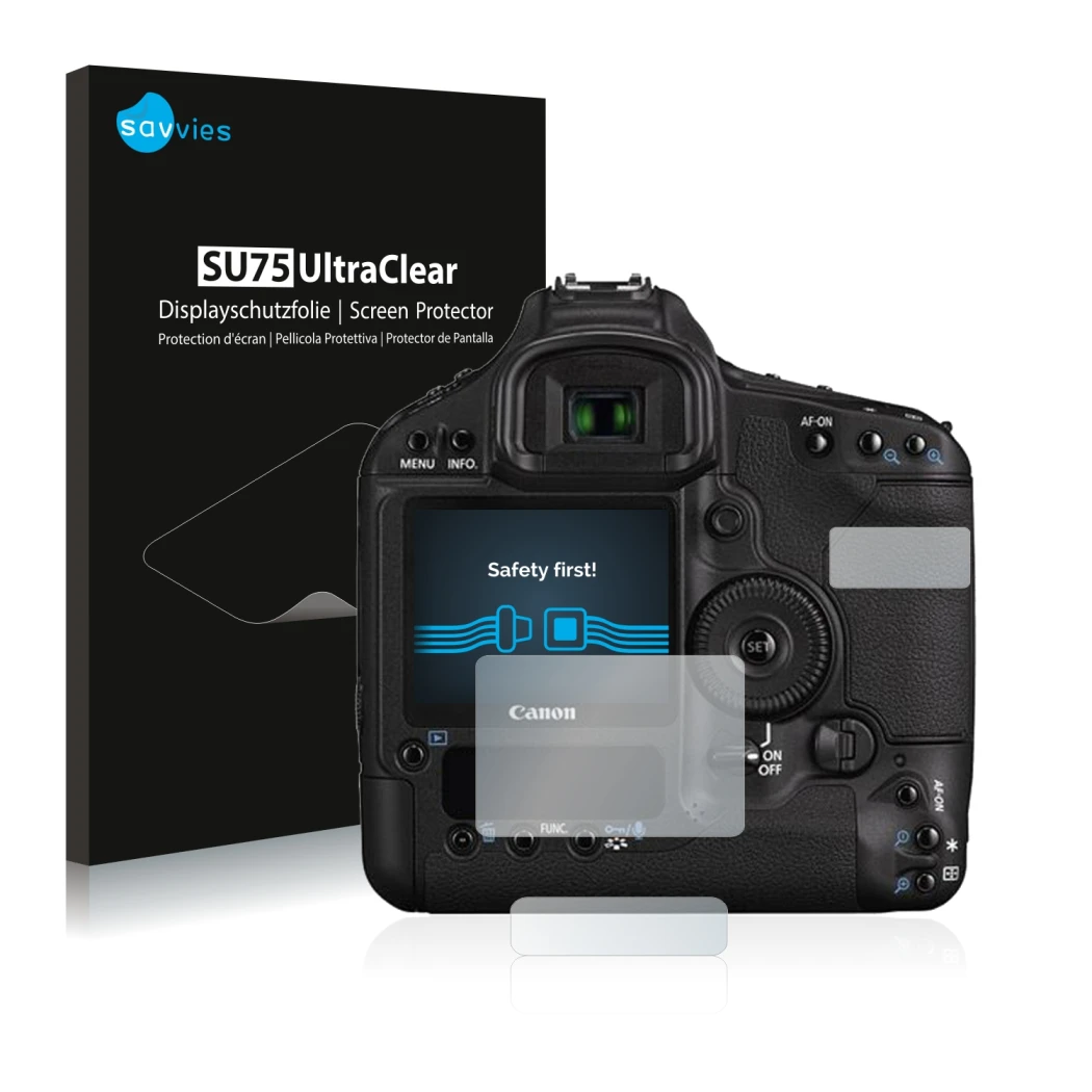 Front side of a product packaging with the brand logo Savvies. Next to it is the device Canon EOS 1D Mark III shown with the c