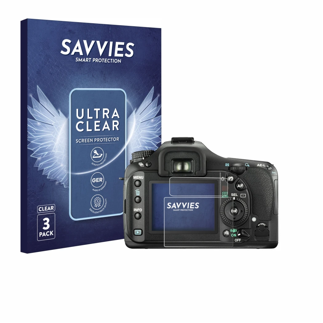Front side of a product packaging with the brand logo Savvies. Next to it is the device Pentax K20D shown with the correspondi