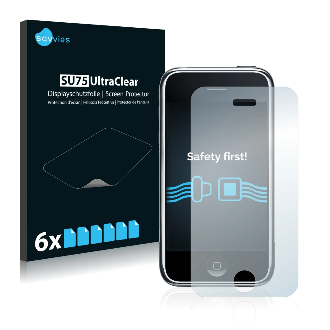Front side of a product packaging with the brand logo Savvies. Next to it is the device Apple iPhone 3G shown with the corresp