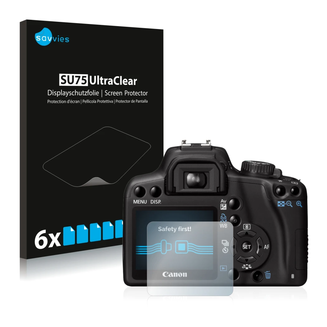 Front side of a product packaging with the brand logo Savvies. Next to it is the device Canon EOS 1000D shown with the corresp
