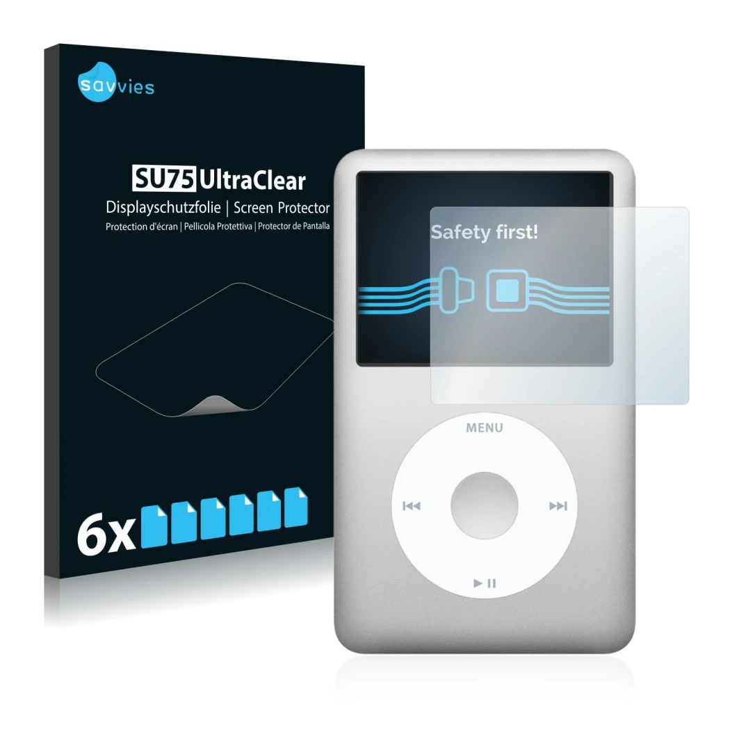 Front side of a product packaging with the brand logo Savvies. Next to it is the device Apple iPod classic 120 GB (7th Gen.) s