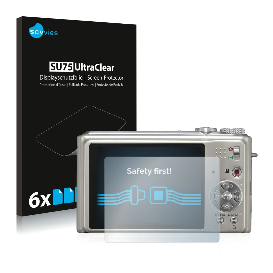 Front side of a product packaging with the brand logo Savvies. Next to it is the device Panasonic Lumix DMC-TZ7 shown with the
