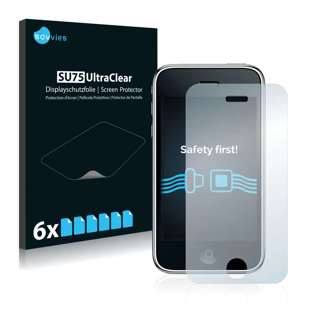 Front side of a product packaging with the brand logo Savvies. Next to it is the device Apple iPhone 3GS shown with the corres