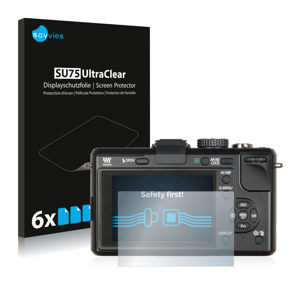 Front side of a product packaging with the brand logo Savvies. Next to it is the device Panasonic Lumix DMC-GF1 shown with the