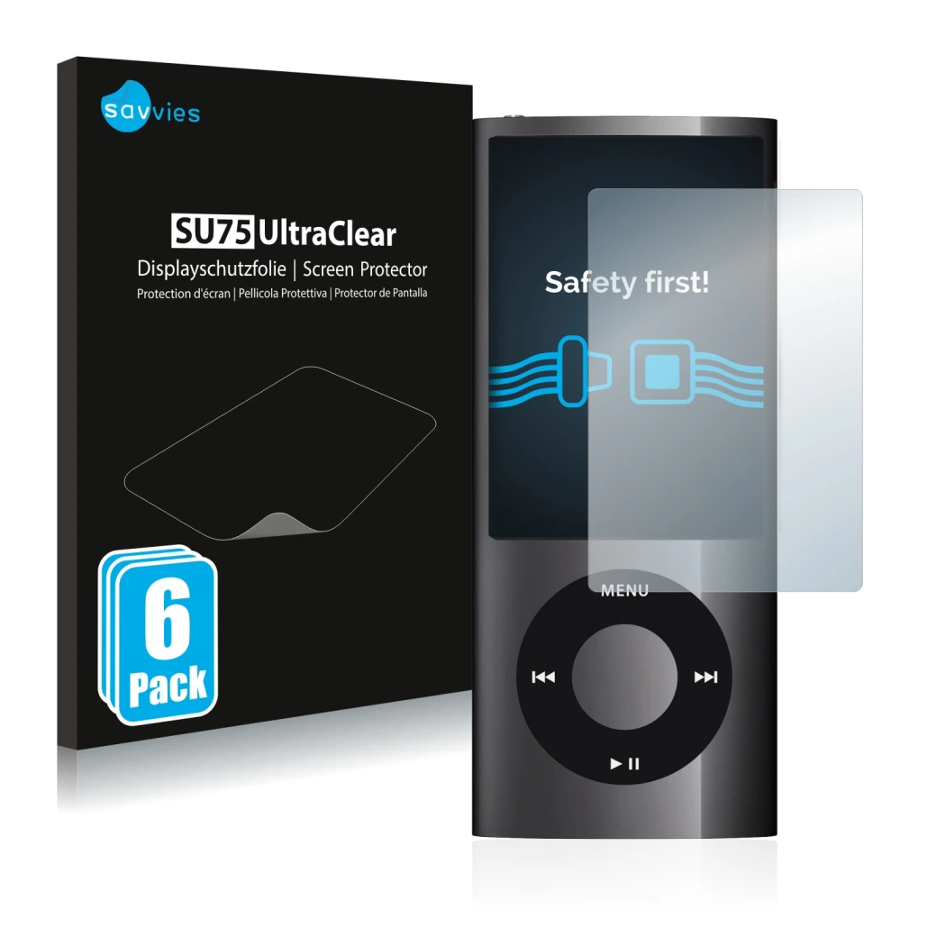 Front side of a product packaging with the brand logo Savvies. Next to it is the device Apple iPod nano 2009 (5th. Gen.) shown
