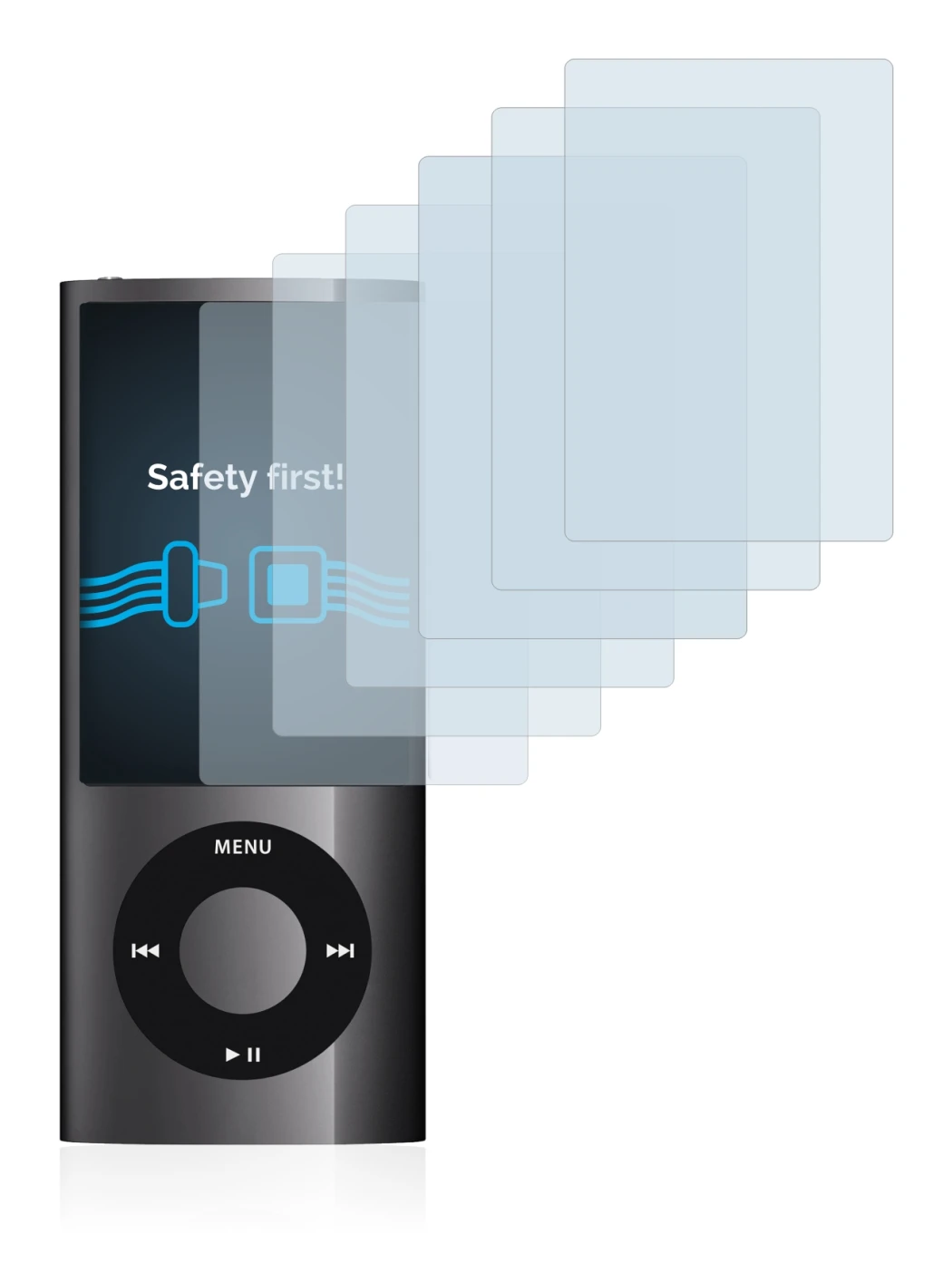 Image of the device Apple iPod nano 2009 (5th. Gen.) with a wide variety of screen protectors.