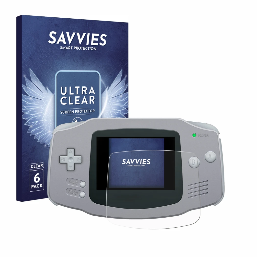 Front side of a product packaging with the brand logo Savvies. Next to it is the device Nintendo Gameboy Advance GBA shown wit