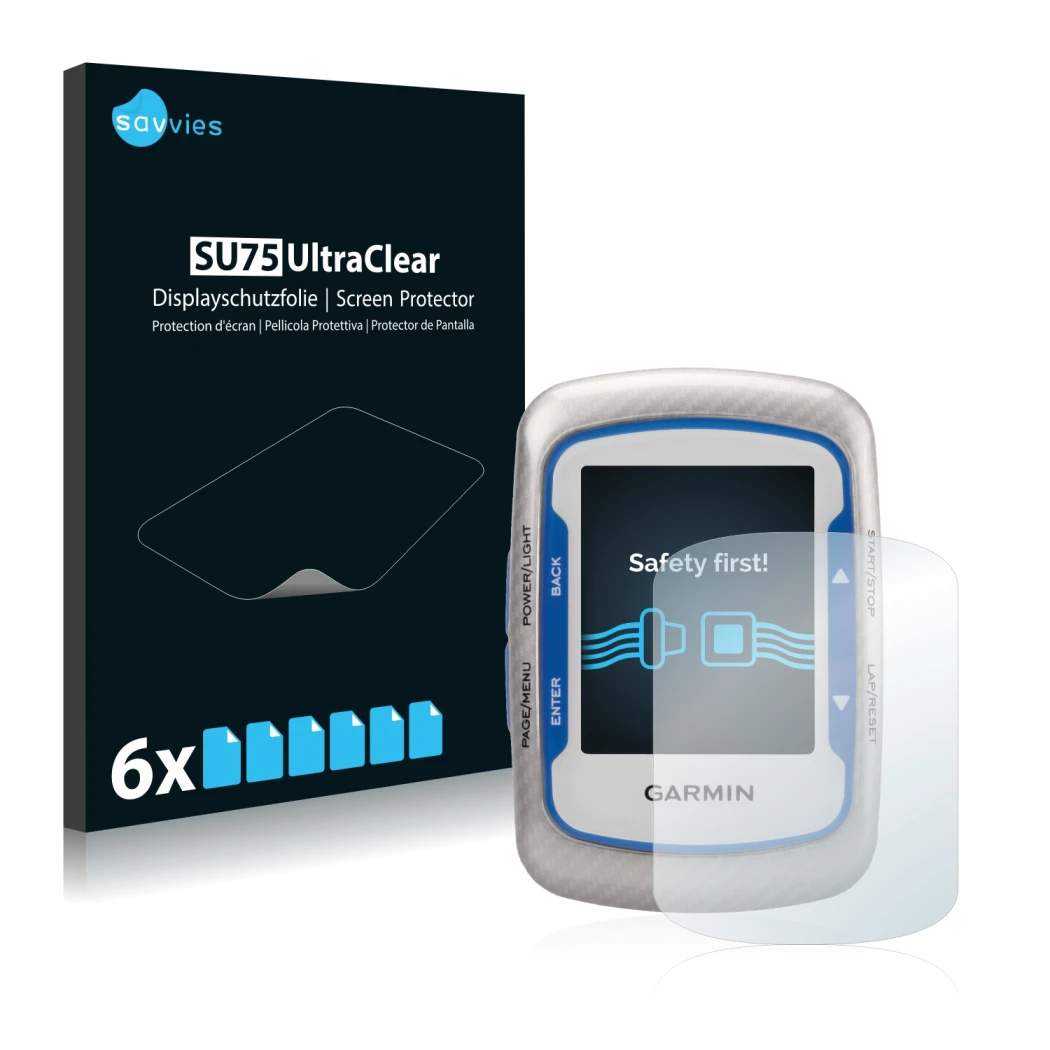 Front side of a product packaging with the brand logo Savvies. Next to it is the device Garmin Edge 500 shown with the corresp