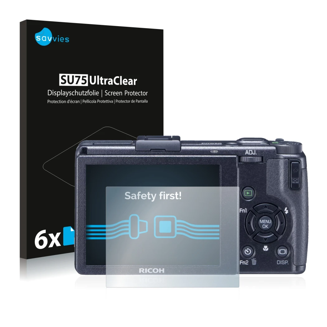 Front side of a product packaging with the brand logo Savvies. Next to it is the device Ricoh GR Digital III (2009-2011) shown