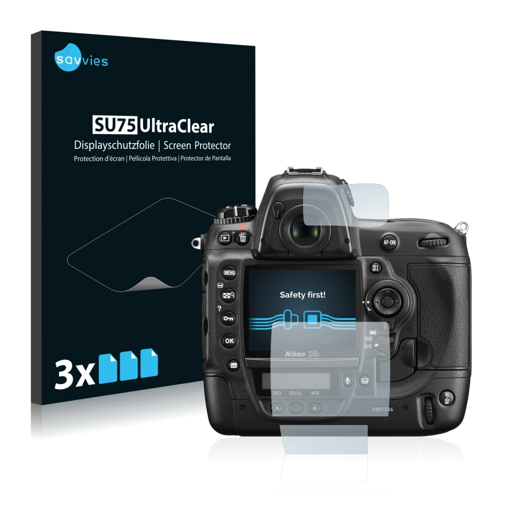 Front side of a product packaging with the brand logo Savvies. Next to it is the device Nikon D3S shown with the corresponding