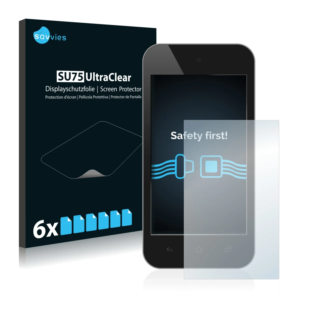 Front side of a product packaging with the brand logo Savvies. Next to it is the device shown with the corresponding screen pr