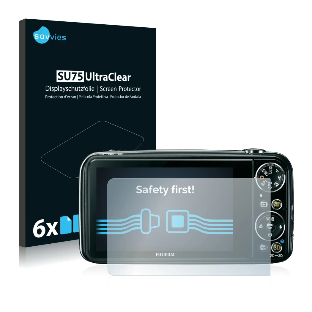 Front side of a product packaging with the brand logo Savvies. Next to it is the device Fujifilm FinePix Real 3D W3 shown with