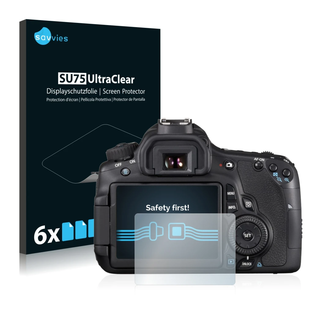 Front side of a product packaging with the brand logo Savvies. Next to it is the device Canon EOS 60D shown with the correspon
