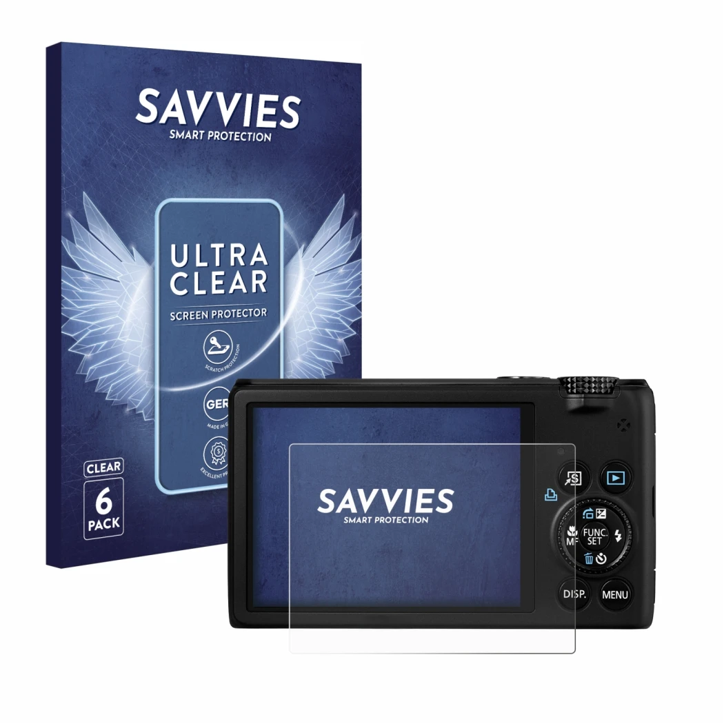 Front side of a product packaging with the brand logo Savvies. Next to it is the device Canon PowerShot S95 shown with the cor