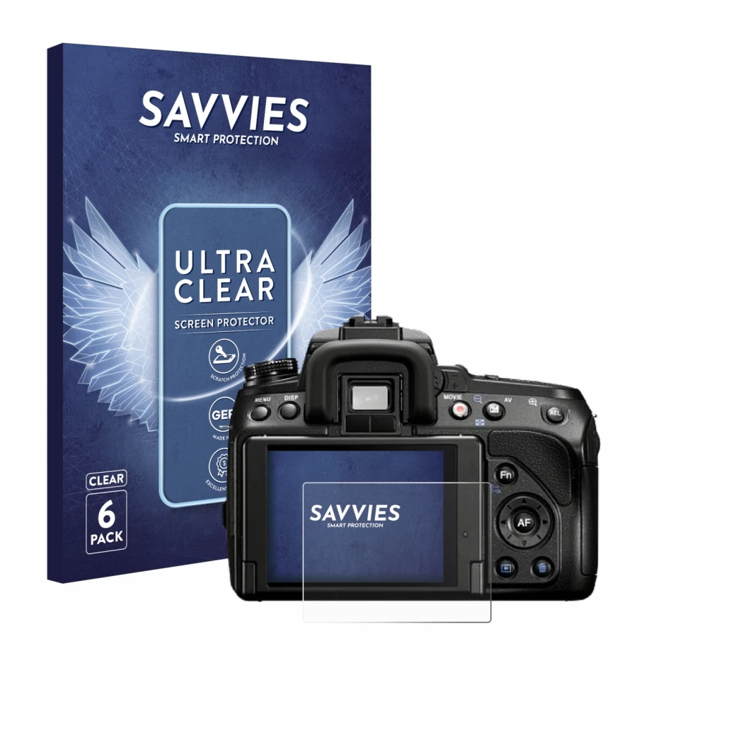 Front side of a product packaging with the brand logo Savvies. Next to it is the device Sony Alpha 580 (DSLR-A580) shown with 