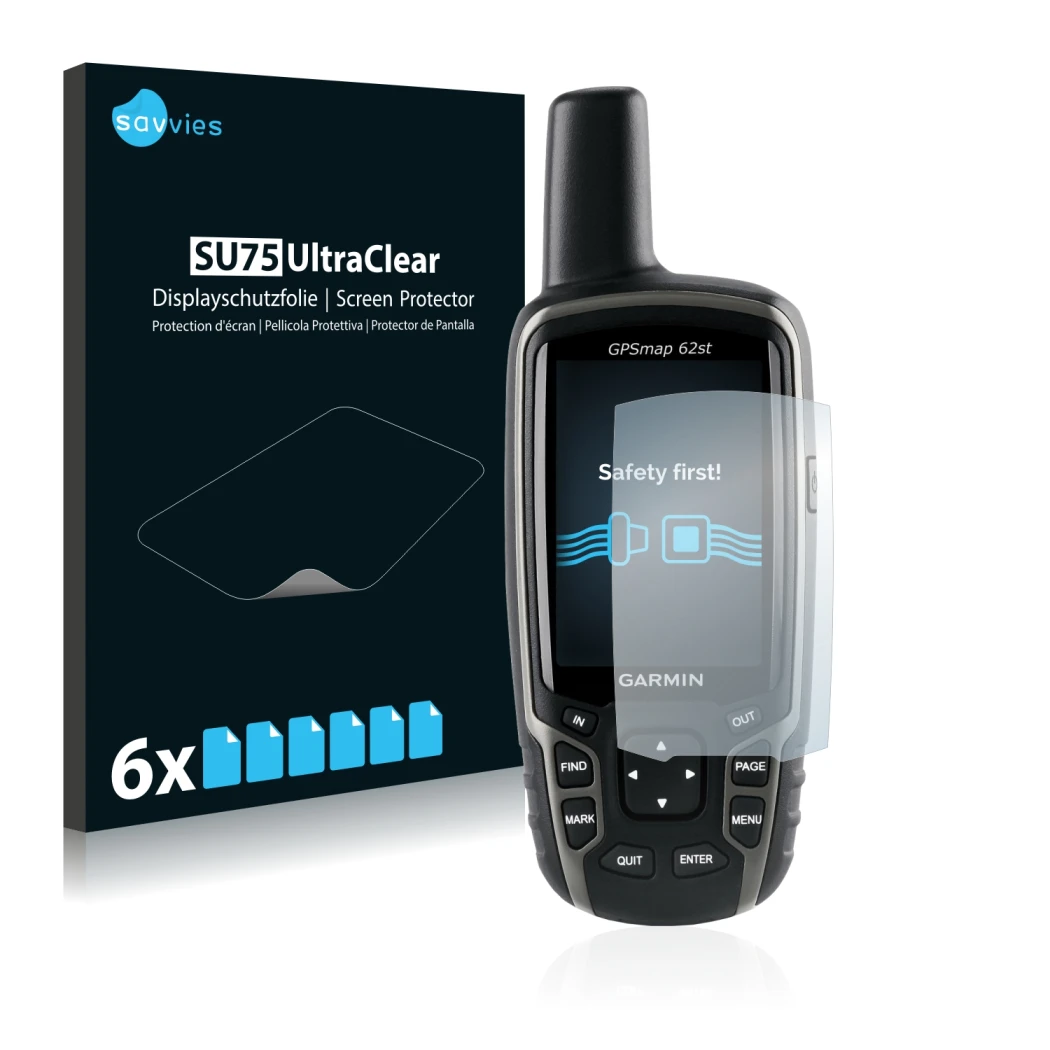 Front side of a product packaging with the brand logo Savvies. Next to it is the device Garmin GPSMAP 62st shown with the corr