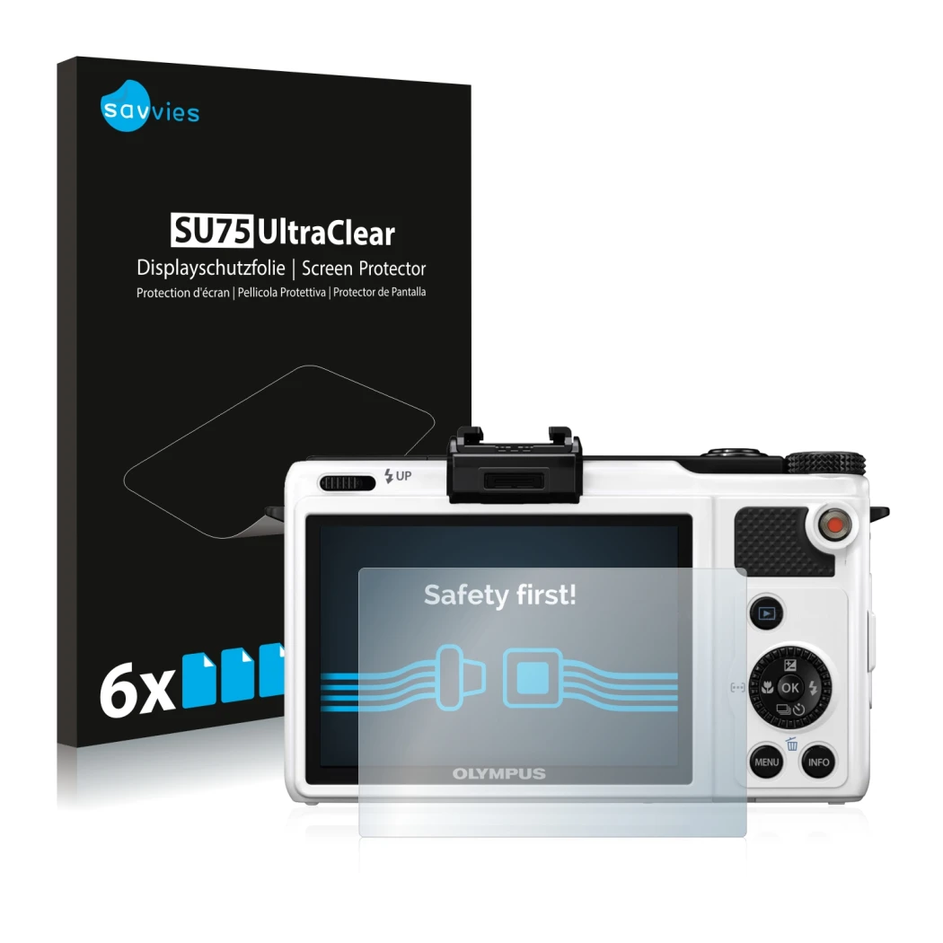 Front side of a product packaging with the brand logo Savvies. Next to it is the device Olympus XZ-1 shown with the correspond