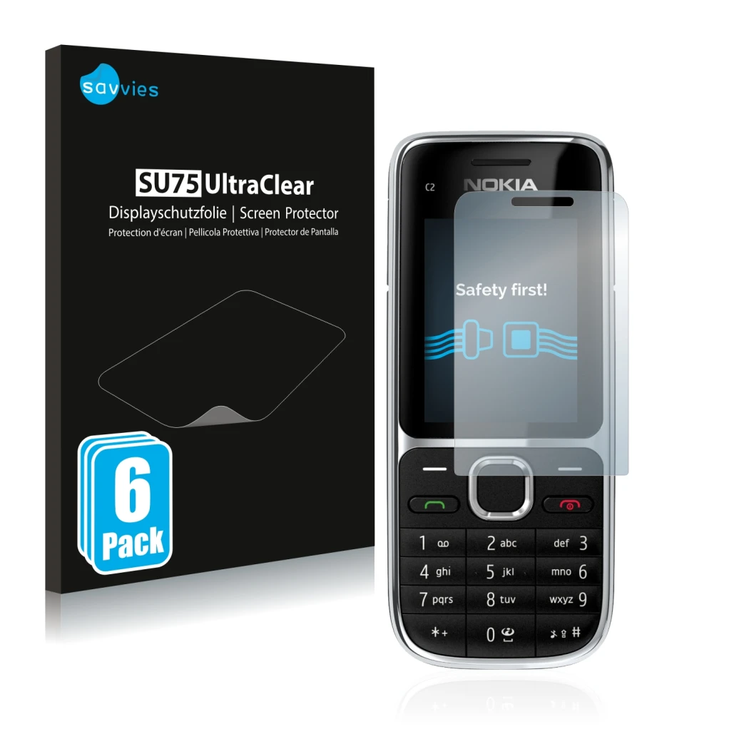 Front side of a product packaging with the brand logo Savvies. Next to it is the device Nokia C2-01 shown with the correspondi