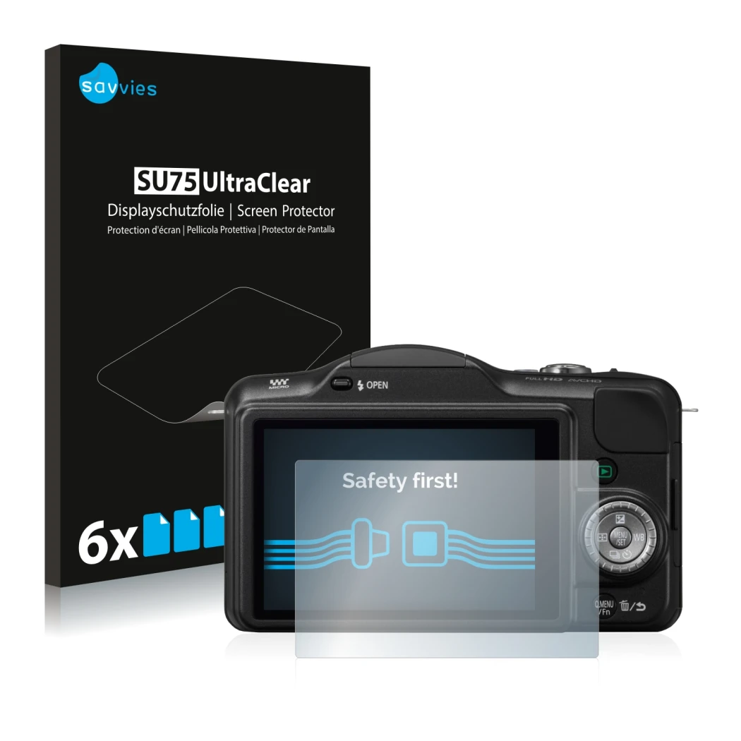 Front side of a product packaging with the brand logo Savvies. Next to it is the device Panasonic Lumix DMC-GF3 shown with the