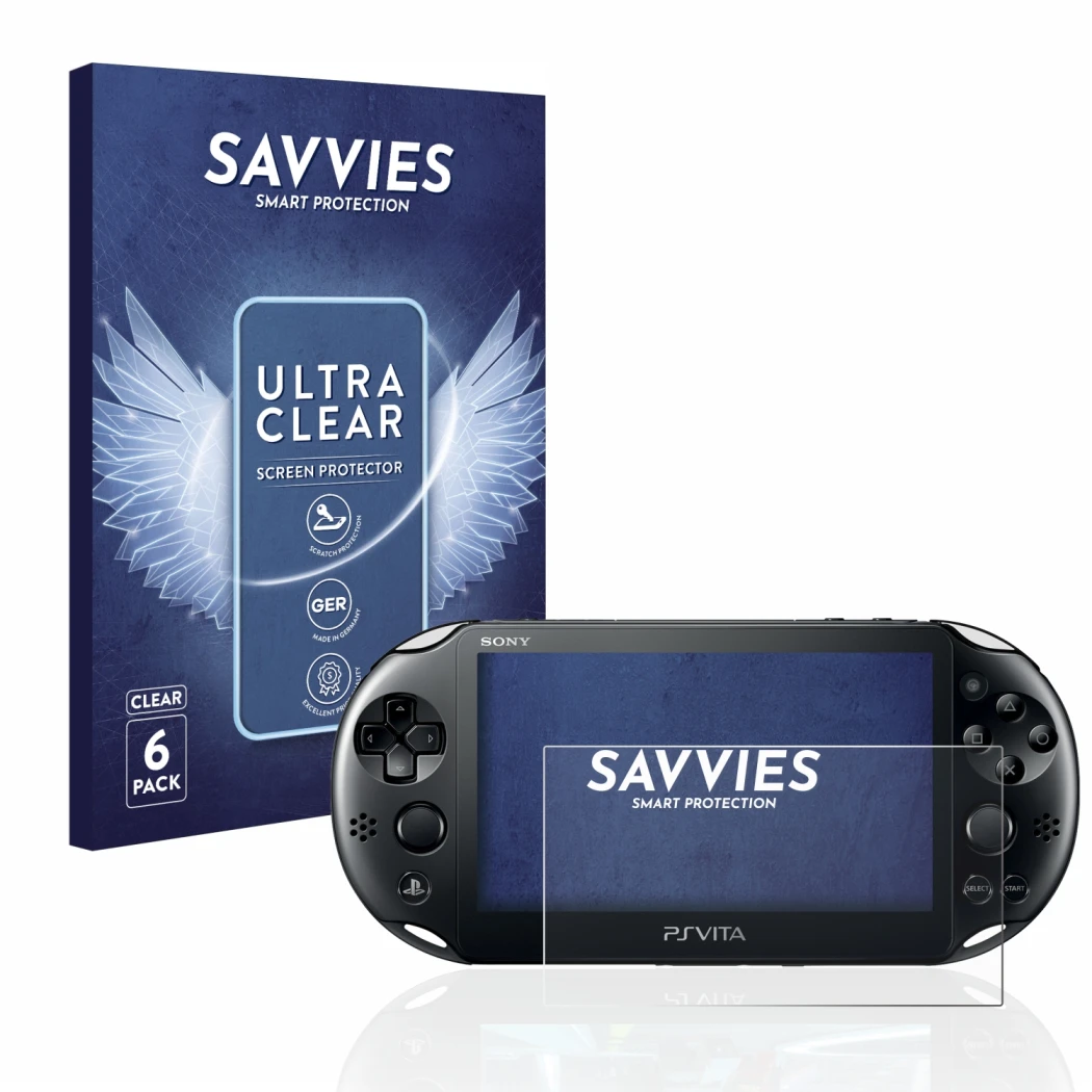 Front side of a product packaging with the brand logo Savvies. Next to it is the device Sony Playstation Vita shown with the c