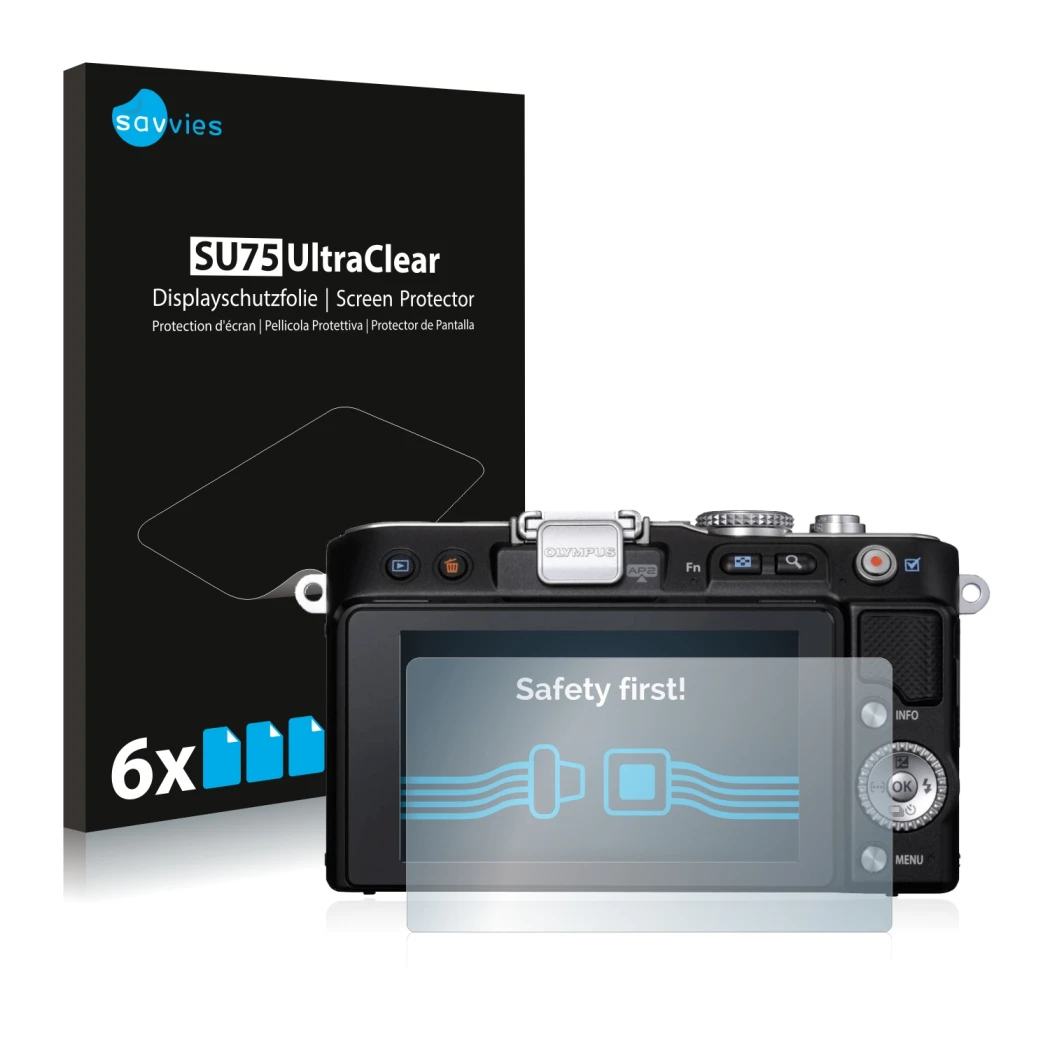 Front side of a product packaging with the brand logo Savvies. Next to it is the device Olympus PEN E-PL3 shown with the corre