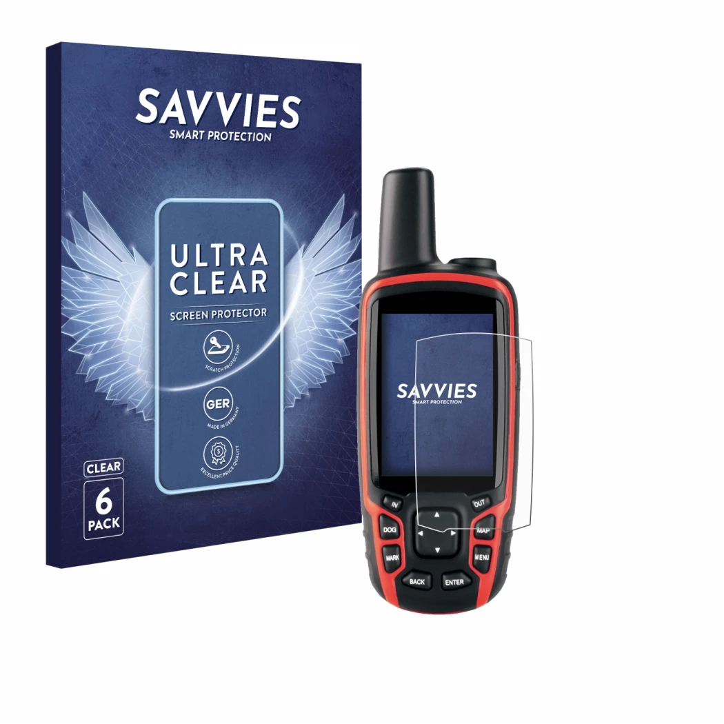 Front side of a product packaging with the brand logo Savvies. Next to it is the device Garmin Astro 320 shown with the corres