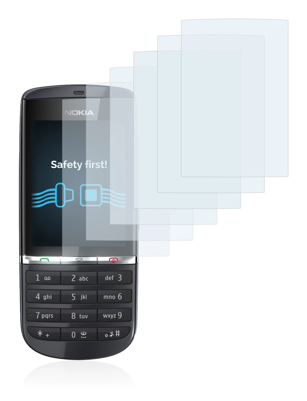 Image of the device Nokia Asha 300 with a wide variety of screen protectors.