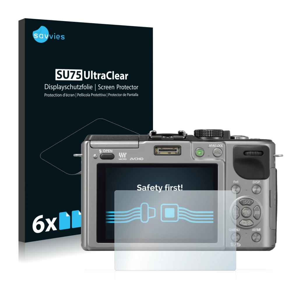Front side of a product packaging with the brand logo Savvies. Next to it is the device Panasonic Lumix DMC-GX1 shown with the