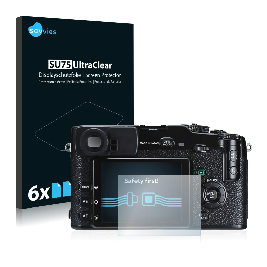 Front side of a product packaging with the brand logo Savvies. Next to it is the device Fujifilm X-Pro1 shown with the corresp