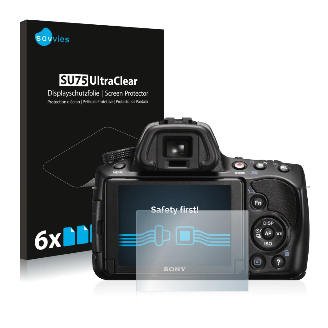 Front side of a product packaging with the brand logo Savvies. Next to it is the device Sony Alpha 37 (SLT-A37) shown with the