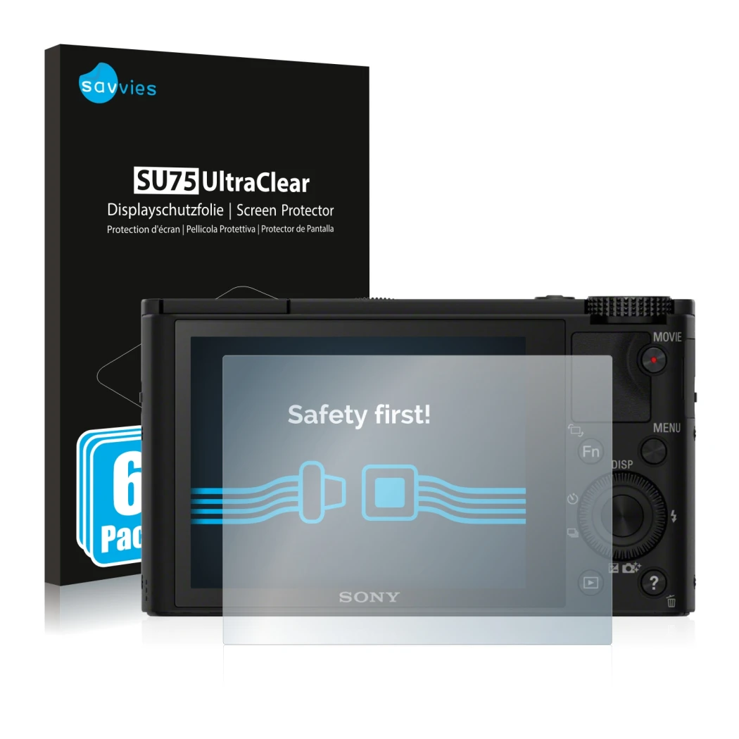 Front side of a product packaging with the brand logo Savvies. Next to it is the device Sony Cyber-Shot DSC-RX100 shown with t