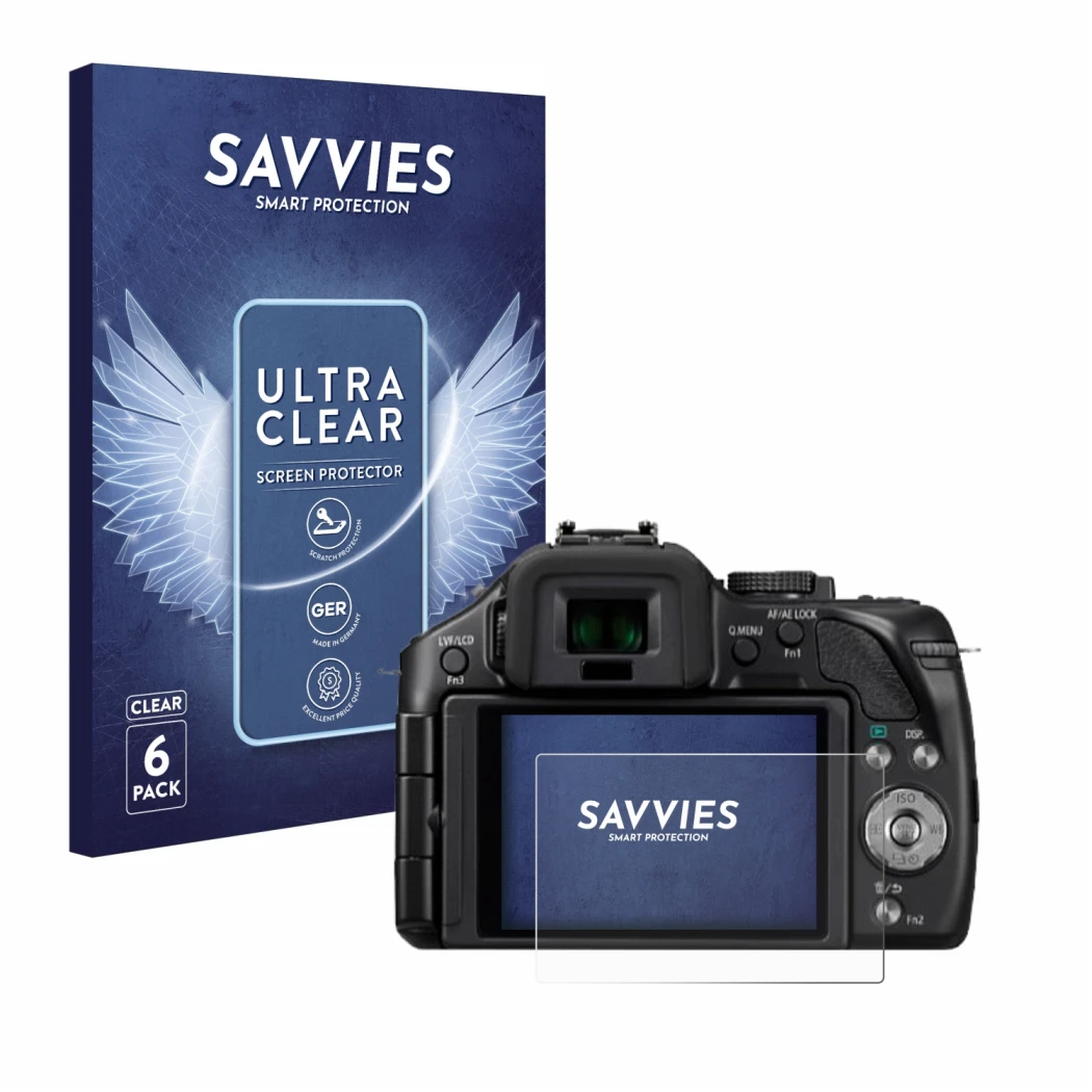 Front side of a product packaging with the brand logo Savvies. Next to it is the device Panasonic Lumix DMC-G5 shown with the 