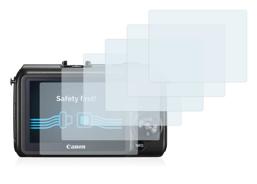 Image of the device Canon EOS M with a wide variety of screen protectors.