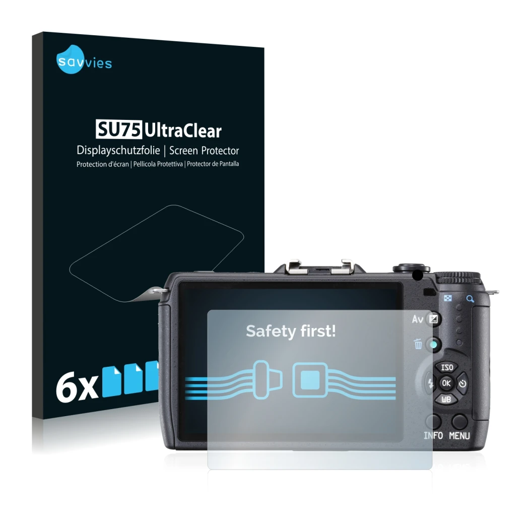 Front side of a product packaging with the brand logo Savvies. Next to it is the device Pentax Q10 shown with the correspondin