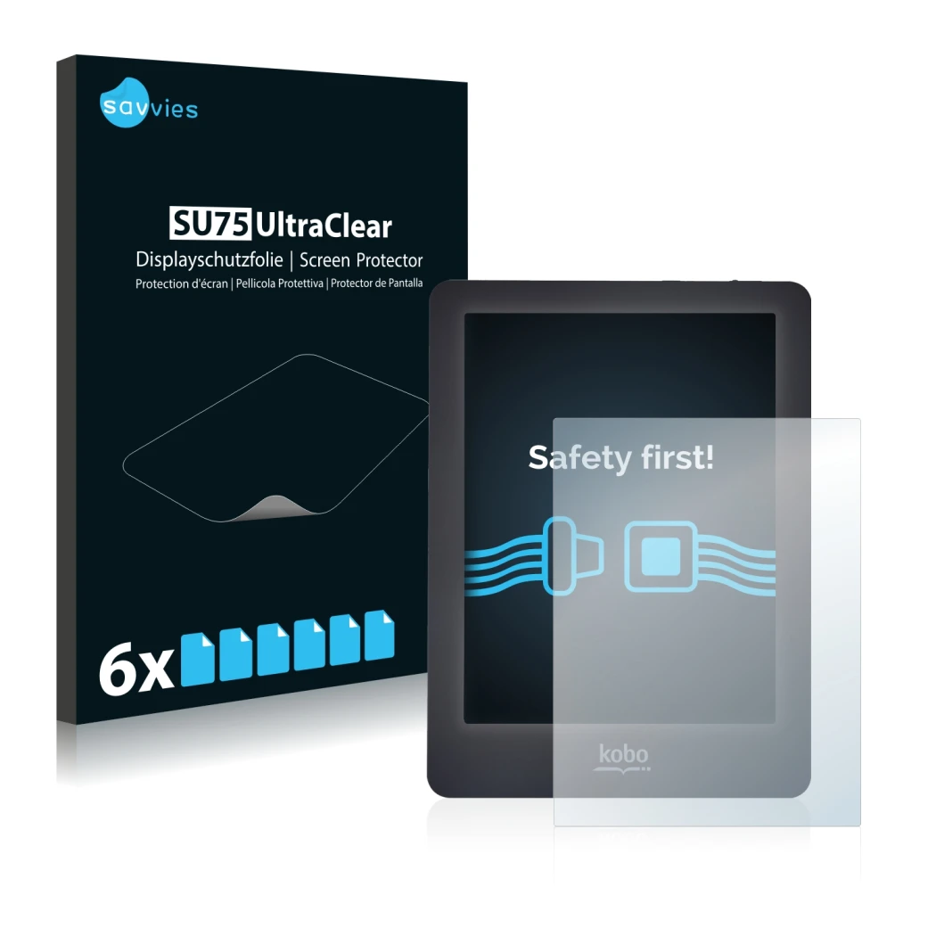 Front side of a product packaging with the brand logo Savvies. Next to it is the device Kobo Glo shown with the corresponding 