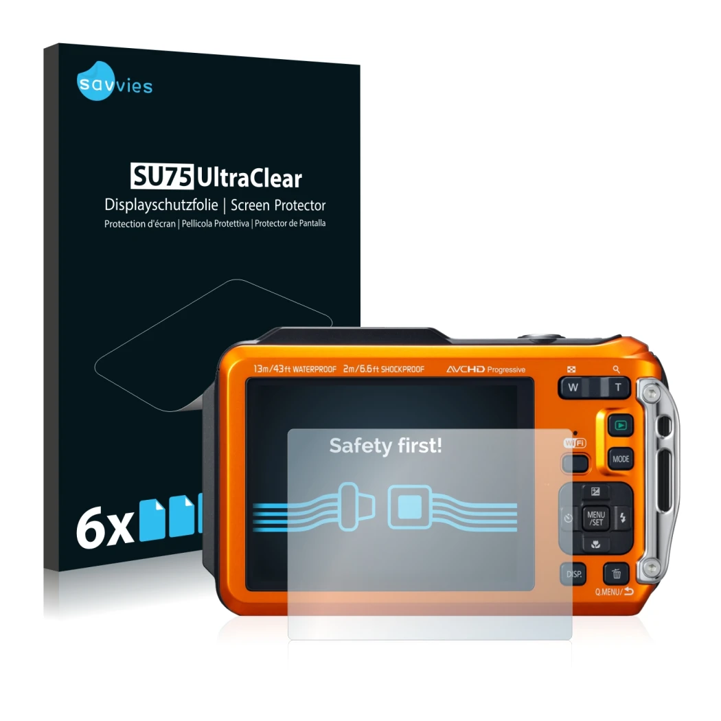Front side of a product packaging with the brand logo Savvies. Next to it is the device Panasonic Lumix DMC-FT5 shown with the