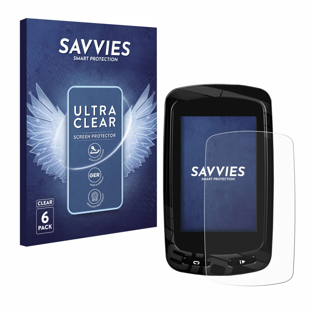 Front side of a product packaging with the brand logo Savvies. Next to it is the device Garmin Edge 810 shown with the corresp