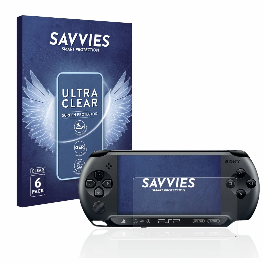 Front side of a product packaging with the brand logo Savvies. Next to it is the device Sony PSP 1004 shown with the correspon