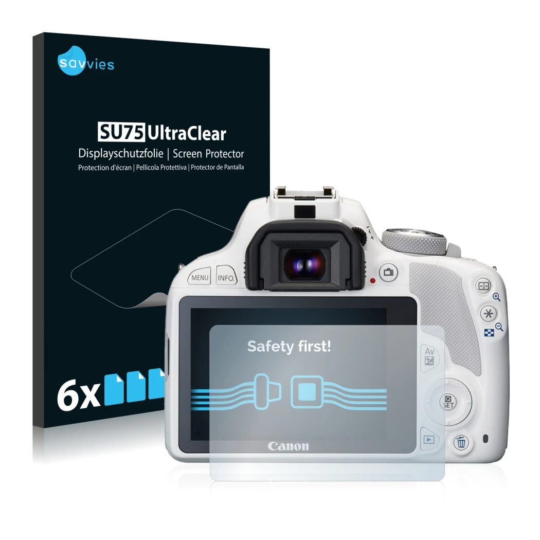 Front side of a product packaging with the brand logo Savvies. Next to it is the device Canon EOS 100D shown with the correspo